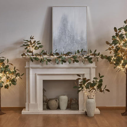LITBLOOM Faux Magnolia Garland with Lights 6FT Battery Operated with Timer or USB Plug in, Lighted Greenery Garland with 80 Fairy Lights for Home Fireplace Mantle Holiday Decoration Inside
