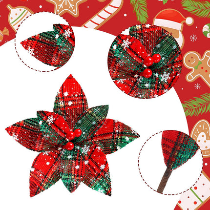12 Pieces Christmas Plaid Poinsettias Artificial Xmas Poinsettias Flowers Ornaments Faux Flowers Picks Decor Wreath for Christmas Tree Party Holiday Decor (Stylish Style)