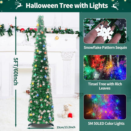 Pop Up Christmas Tree with Lights, 5FT 50LED Pencil Christmas Tree with Silver Snowflake Sequins, Artificial Green Tinsel Skinny Christmas Tree Collapsible Tree for Indoor, Party, Xmas, Home Decor