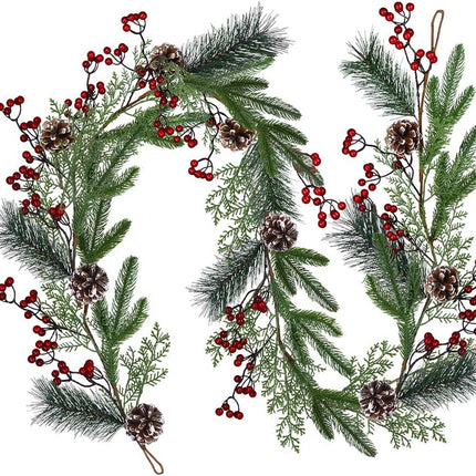 Christmas Artificial Pine Garland with Spruce Cypress Berries Frosted Pinecones Winter Greenery Garland for Holiday Season Mantel Fireplace Table Runner Centerpiece Decoration 6.6 feet