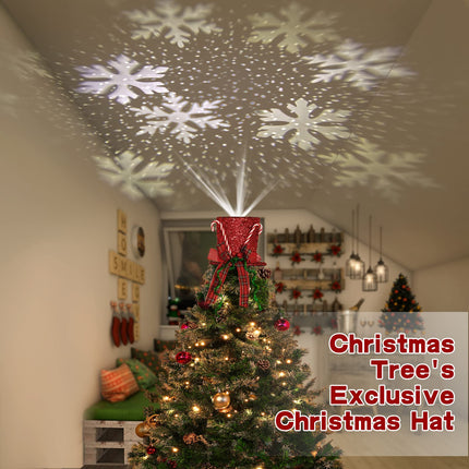 Lewondr Christmas Tree Topper Hat Projector, Snowman Hat Tree Topper with Snowflake Projector Light, Decorative Elf Hat Tree Topper for Xmas Tree Year Holiday Party Winter Home Decoration, Red