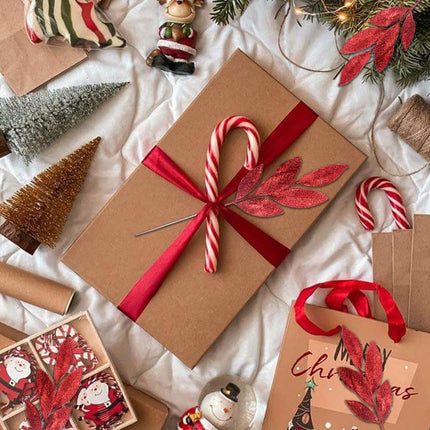 Felice Arts 6 Pack Artificial Red Glitter Leaves 13" Fake Christmas Picks Decorative Glitter Sticks for Vase Christmas Tree DIY Wreath Crafts Fireplace Decor