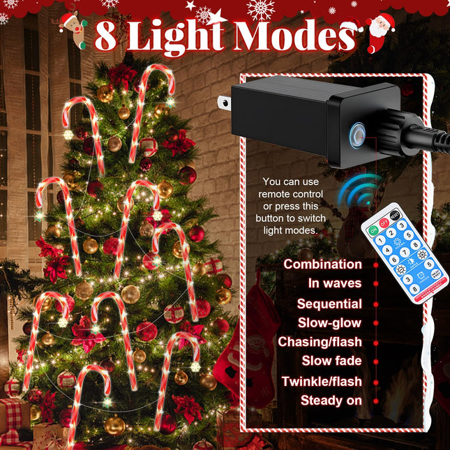 12PCS Christmas Candy Canes Light - Electric Plug Operated Christmas Lights with Christmas Tree & Snowflake - 8 Modes Christmas Decorations Outdoor for Night Garden Yard Ground Pathway