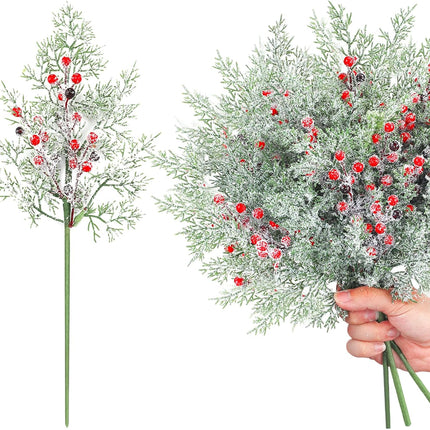 Yinder 12 Pcs Christmas Berries Red Stems 17 Inch Snowy Artificial Frosted Holly Red Berries Cedar Picks Stems Pine Picks Greenery Twig for Garland Wreath DIY Crafts Xmas Winter Holiday Decor
