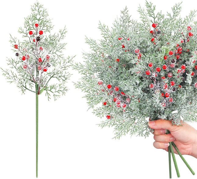 Yinder 12 Pcs Christmas Berries Red Stems 17 Inch Snowy Artificial Frosted Holly Red Berries Cedar Picks Stems Pine Picks Greenery Twig for Garland Wreath DIY Crafts Xmas Winter Holiday Decor