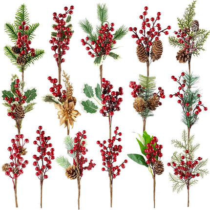 16 Pieces 9-13 Inch Large Artificial Christmas Tree Picks Red Berry Pine Branches Flower Pick for Christmas Wreath Festive Season Decor