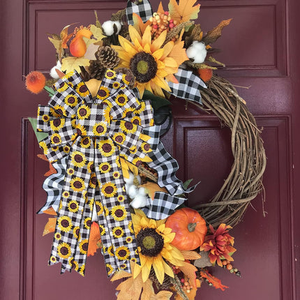 Sunflower Black White Buffalo Plaid Wreath Bow Large Rustic Summer Fall Autumn Sunflower Bow Christmas Tree Topper for Farmhouse Home Indoor Outdoor Wedding Decoration