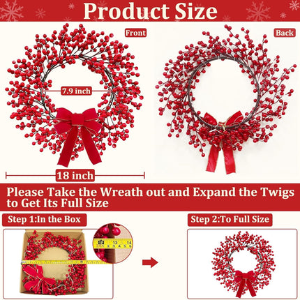 TURNMEON Dual Color Change&Timer 8 Modes Lighted Christmas Wreaths for Front Door, 20 Warm White&Color Lights with Bowknot Artificial Red Berry Christmas Wreath Xmas Winter Wreath Home Holiday 18 Inch