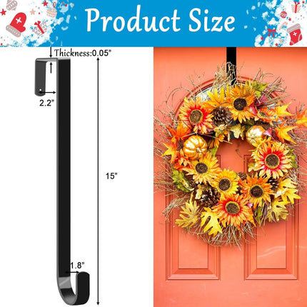 4 Pack Wreath Hangers for Front Door, Over The Door Wreath Hanger Halloween Decorations Wreath Hook for Hanging Christmas Easter Fall Decoration, Welcome Sign Holder Two Each of 12" and 15" (Black)