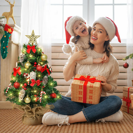 24 Inch Mini Christmas Tree, Small Artificial Christmas Tree with LED String Lights, Star Tree Topper and Hanging Ornaments, Tabletop Christmas Tree with Lights for Holiday DIY Christmas Decorations
