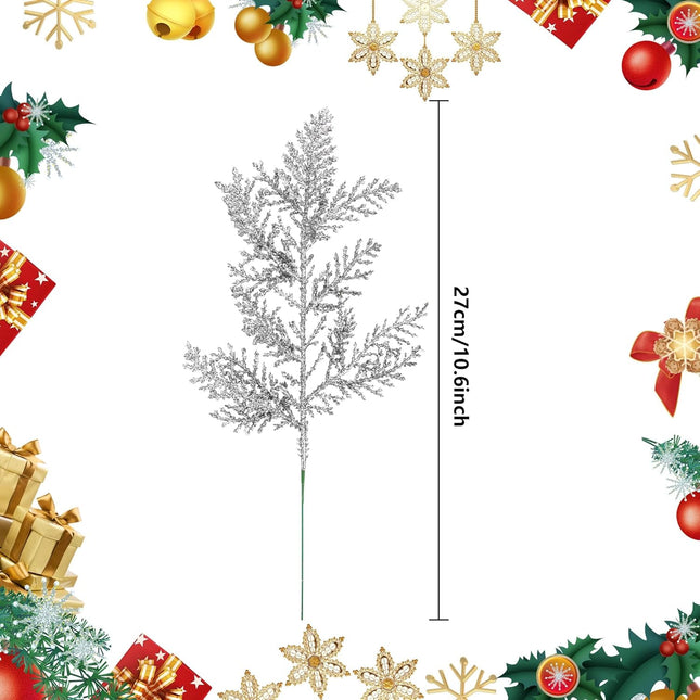 Watayo 45 Pcs Glitter Artificial Pine Needles- 10.6" Fake Foliage Pine Stems Picks- Silver Leaves Artificial Flowers Picks for Christmas DIY Garland Wreath Home Garden Decoration