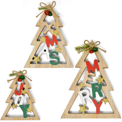 3 Christmas Trees Wooden Table Decorations Centerpiece Block Holiday Cut Out Tree Tiered Tray Wood Tabletop Sign Decor 3 Sizes for Office Dining Room Mantle Home Xmas Wood Party Supplies
