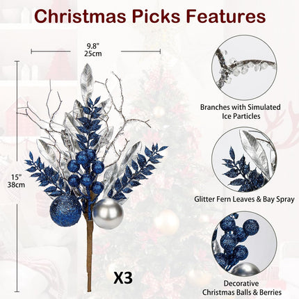 DILATATA 3 Pcs Christmas Glitter Leaves Fern Stems with Ball Ornament, Bay Leaves, 15 Inch Artificial Christmas Picks Floral Branches for Christmas Tree, Xmas Wreath, Centerpieces, Home Decor - Blue