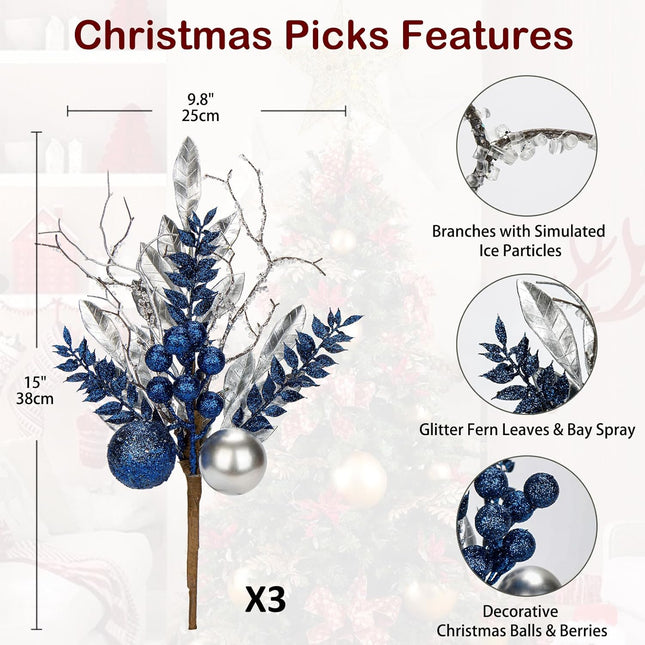 DILATATA 3 Pcs Christmas Glitter Leaves Fern Stems with Ball Ornament, Bay Leaves, 15 Inch Artificial Christmas Picks Floral Branches for Christmas Tree, Xmas Wreath, Centerpieces, Home Decor - Blue