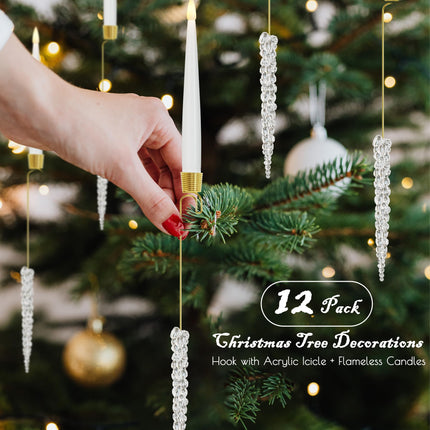 Christmas Tree Candles with Hooks & Remote - 12 Pack LED Flickering Flameless Candles with Timer for Christmas Tree Decor - Acrylic Icicles Hook