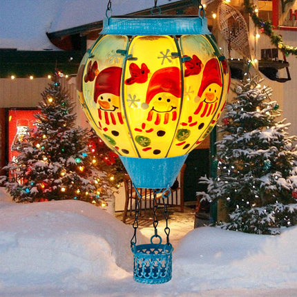 Christmas Hot Air Balloon Solar Lantern with Flame Decorations, Outdoor Waterproof Large Solar Hanging Snowman Lantern Xmas Glass Garden LED Light for Balcony Yard Patio Porch Decor