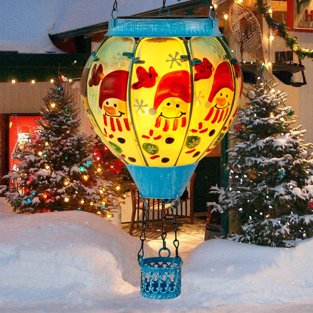 Christmas Hot Air Balloon Solar Lantern with Flame Decorations, Outdoor Waterproof Large Solar Hanging Snowman Lantern Xmas Glass Garden LED Light for Balcony Yard Patio Porch Decor