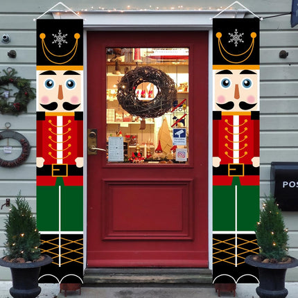 3 Pcs Christmas Decor Nutcracker Outdoor Reversible Banner & Small Xmas Wreath Hanging Sign Decor& Year Reversible Banner Door Sign for Years Eve Party Supplies,Hanging Merry Christmas Happy