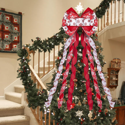 Christmas Tree Topper Wreath Bow, 48x13 Inches Large Christmas Bow with White Snowflakes, Decorative Ribbon Bows for Xmas Tree Wreath Door Festival Home Decor(Red & White)