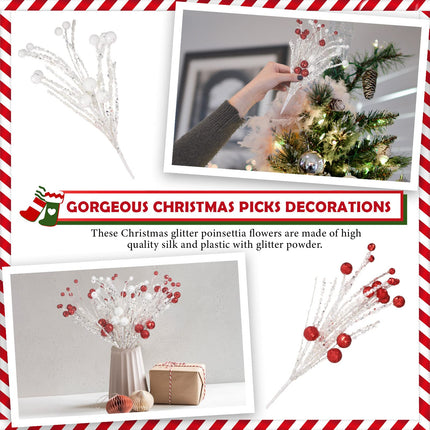 10 Pcs Christmas Decorations Ornaments 12 Inch Xmas Sequins Ball Tree Picks Large Glitter White Snow Spray for Tree Toppers Hanging Christmas Berry Stem for Holiday Party Supplies (Red, White)