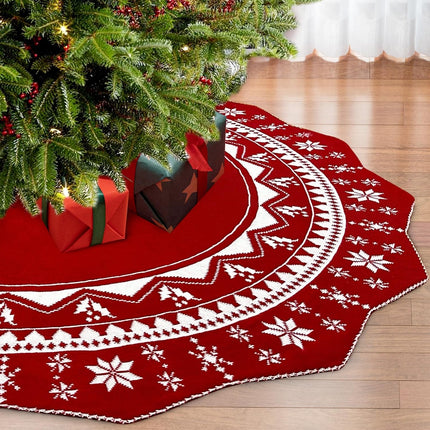Christmas Tree Skirt 60 Inch, Double-sided Knit Red Tree Skirt with Snowflakes Patterns Large Knitted Xmas Tree Skirt Rustic Tree Skirt for Christmas Trees Party Holiday Christmas Decorations