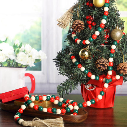 9.8ft Christmas Wood Bead Garland with Tassels, Xmas Wooden Bead Garlands Wooden Classical Green and Red Garland with Jute Rope Rustic Farmhouse Bead Natural Wood Beads Wall Hanging Decoration