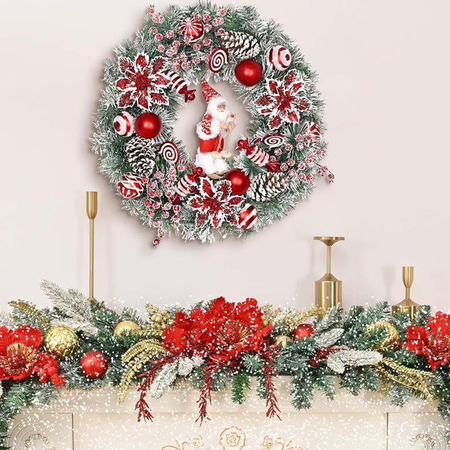 Christmas Wreaths for Front Door, 18" Lighted Christmas Wreath with Skiing Santa Claus, Red Poinsettias Christmas Wreath with Lights, Christmas Door Wreath for Indoor Outdoor Decoration