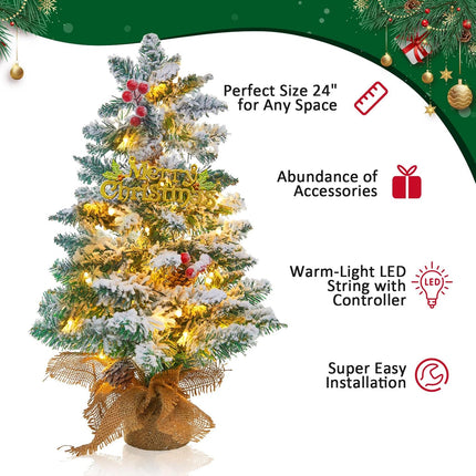 Small Mini Table top Christmas Tree with 50 LED Lights 24 Inch /2FT Little Prelit Christmas Tree Decorated Boxes and Hanging Ornaments for DIY Christmas Decoration (Flocked)