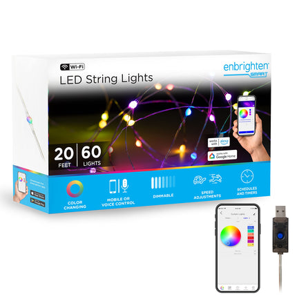ENBRIGHTEN LED Wi-Fi Smart String Lights, Color Changing, USB Powered, Smart Control, Bluetooth, Various Color Options, Fairy Lights, Bedroom, Patio, Living Room, Play Room, and More, 69281-T2