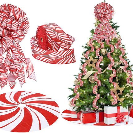 Christmas Tree Decoration Set Include Christmas Tree Topper Bow, Decorative Strips Ribbon, Christmas Tree Skirt with Annual Ring for Farmhouse, Wreath Crafts Decorations (Candy Style,47 Inch)