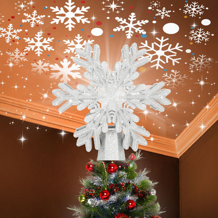 Christmas Tree Topper with 3D Rotating Silver Snowflake Projector for Christmas Tree, Hollow Design Holiday Decorations, Christmas Decor