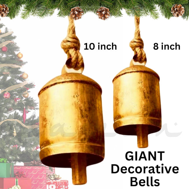 Rustic Decorative Bells Set of 2 - Giant Harmony Cow Bells | Handmade Vintage Christmas Bells Huge Golden Cowbell Country Style Jute Rope Hanging Bell Wall Decor (2X Harmony Bells 8"-10")