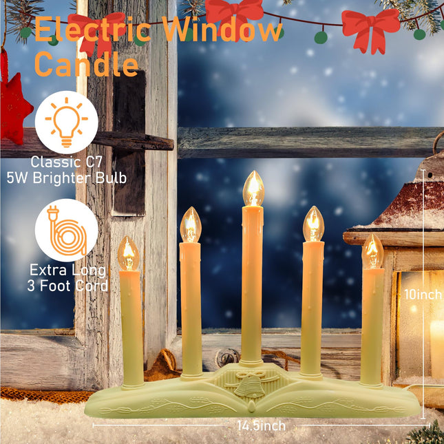 SUNSGNE 5 Light Christmas Electric Window Candles, Electric Christmas Candles with 6 C7 Clear Bulbs (1 Spare), Electric Candle Lamps with 3ft Wire, E12 Candelabra Base, Pack of 1