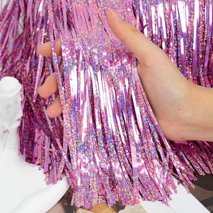 2 Pack Glitter Pink Foil Fringe Garland-4 Layers Thick Shiny Metallic Tinsel Streamers, Hanging Fringe Banner for Wedding Christmas Decoration Home Hanging Parade Floats