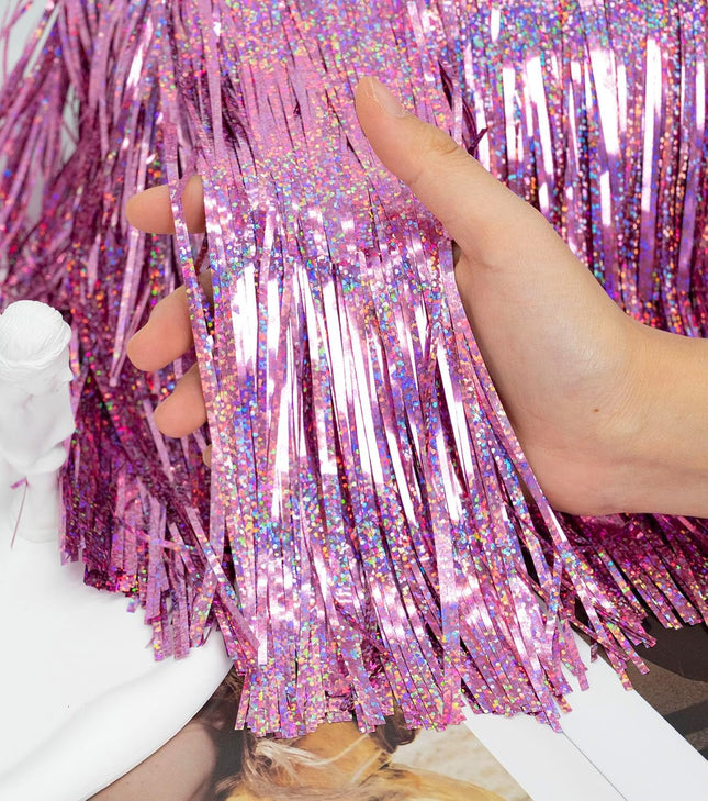 2 Pack Glitter Pink Foil Fringe Garland-4 Layers Thick Shiny Metallic Tinsel Streamers, Hanging Fringe Banner for Wedding Christmas Decoration Home Hanging Parade Floats