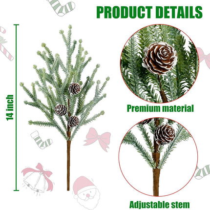 Sggvecsy 4 Pack Snow Frosted Christmas Pine Picks with Pine Cones Frosted Artificial Pine Branches Faux Pine Stem Christmas Pine Needles for Xmas Tree Wreath DIY Craft Holiday Decor (Red)