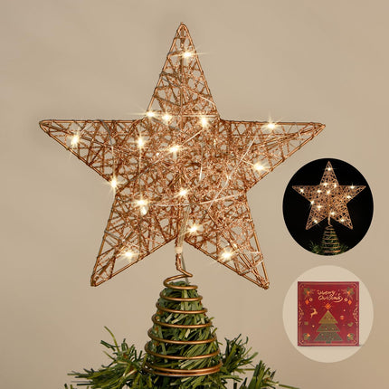 Rose Gold Christmas Tree Topper, 10 INCH Rose Gold Wire Glitter Tree Top, 20 LED Lights Glittered Metal Christmas Decorations, Xmas Ornaments Topper Holder for Christmas Tree Home Decoration