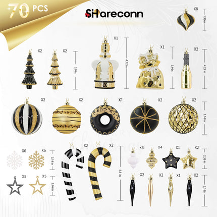 SHareconn 70pcs Christmas Balls Ornaments Set, Shatterproof Plastic Baubles, Ribbon and Tree Topper for Xmas Tree Holiday Wedding Party Decorations with Hanging Strings, Black, White and Gold