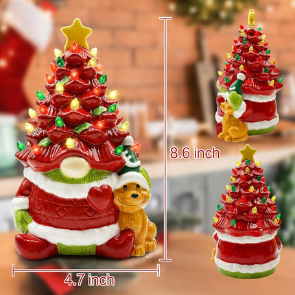 Hexagram Lighted Ceramic Christmas Tree, Christmas Decorations Indoor Red Gnome Mantle Table Decor Christmas Centerpiece, Christmas Decor for Bedroom Living Room Gnome s for Kids Women