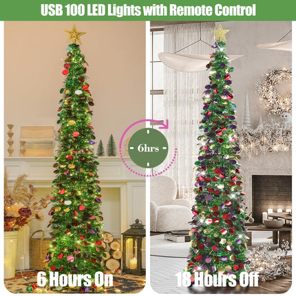 HMASYO 6 FT Pop Up Christmas Tree with 100 LED Lights & Remote, Green Tinsel Artificial Pencil Christmas Tree Xmas Decoration for Home, Office, Party, USB Powered Timer Lights, Easy Assembly