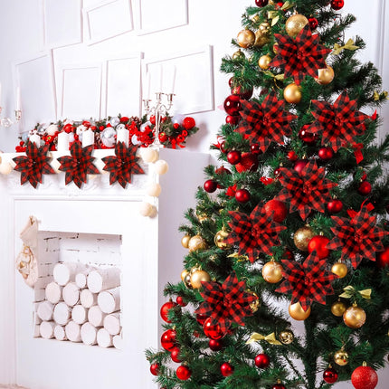 MTLEE 20 Pieces Buffalo Plaid Poinsettias Christmas Tree Ornaments Artificial Christmas Flowers Christmas Poinsettias for Rustic Christmas Tree Wreaths Garland Holiday Decorations (Black and Red)