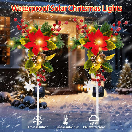 2 Pack Solar Christmas Decorations Outdoor, 32 Inch Solar Christmas Cross Stake Lights, Waterproof Grave Decorations with Poinsettia Flower Pinecones Red Berries for Garden Yard Patio Lawn Cemetery