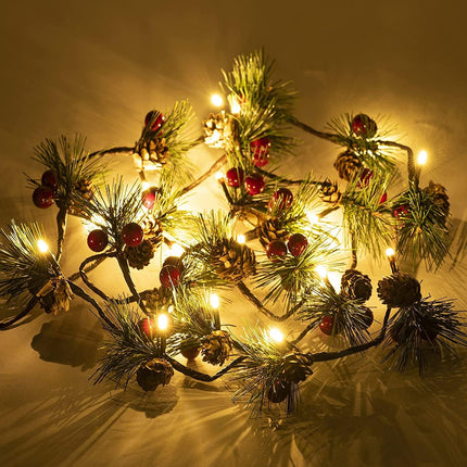 Hongyitime 7.8 FT PineCones String Lights, christmas pine cone light string, 20 LED Red Berry Pine Cone Garland Lights, led Garland String Lights, Christmas Decorations for Home, Garland for Fireplace