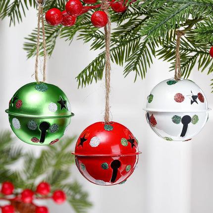 12 Pcs Large Christmas Jingle Bells with Ribbon 2.4 Inch Metal Cutout Craft Bells Lime Green Glitter Dot Red Green Christmas Tree Ornaments Xmas Hanging Decor for Holiday Wreath Garland DIY Decor