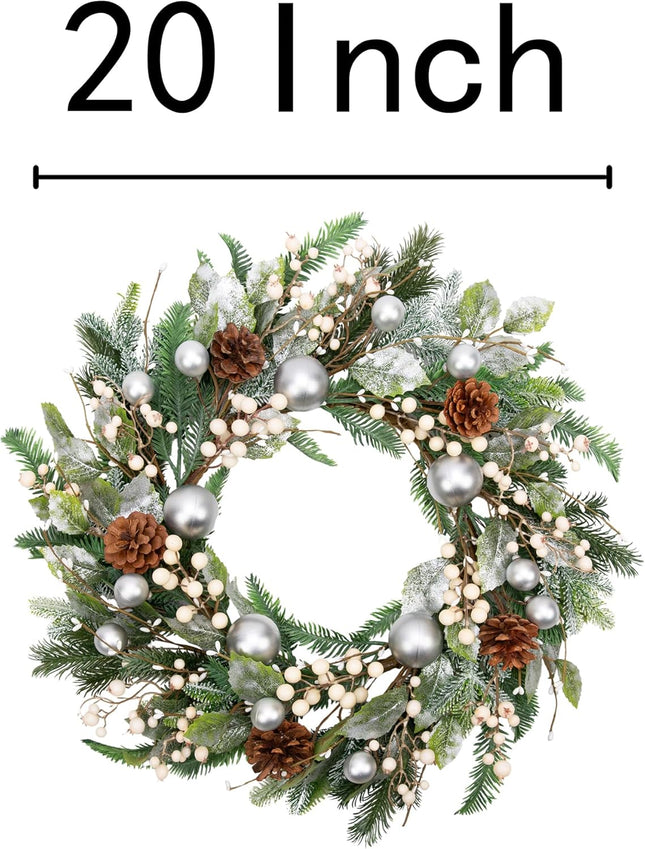 VGIA 20 Inch Christmas Wreath for Front Door Artificial Door Wreath for Christmas Decor Xmas Wreath with Christmas Balls Pine Needles Pine Cone for Holiday Party Farmhouse Decorations