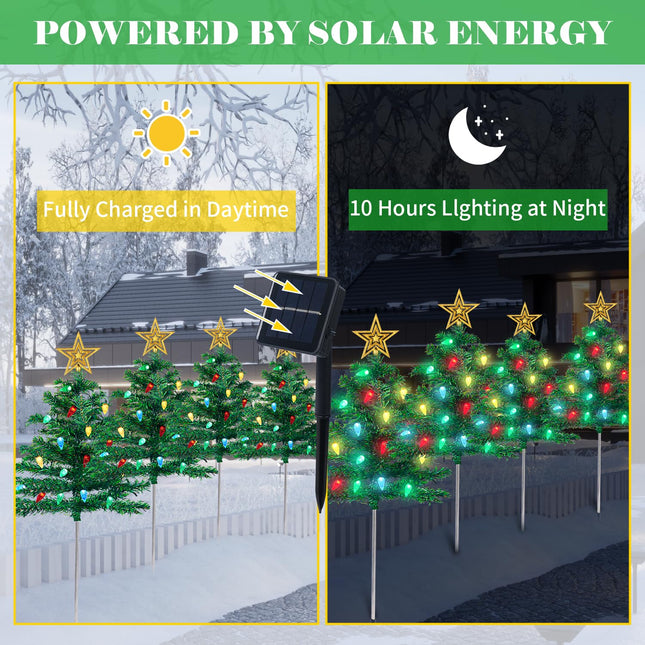 Christmas Decorations Outdoor 4 Sets Solar Christmas Tree with 80pcs Multi-Color Led Lights and Star Topper 8 Lighting Modes Waterproof Pathway Lights for Outside Garden Yard House Front Porch