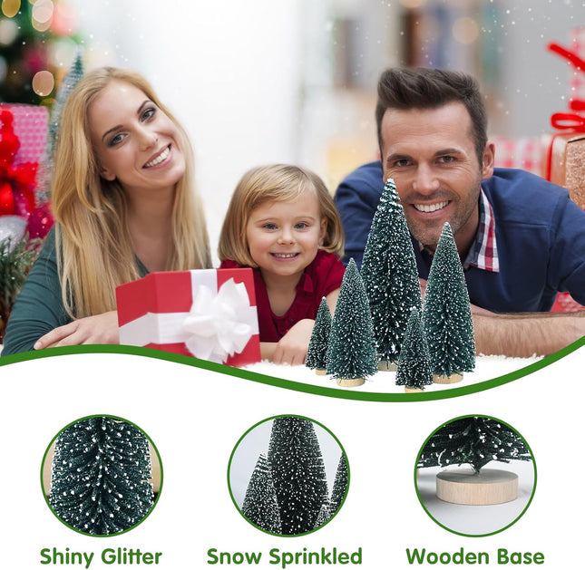 5Pcs Mini Christmas Tree Decor Artificial Christmas Tree 4 Sizes with Wooden Base Glitter Powder for Christmas Decor Christmas Party Home Table Craft Decorations