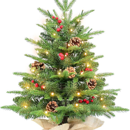 Kadunmina 2ft Prelit Table Top Christmas Tree,Mini Artificial Christmas Tree with 50 Lights&177 Tips&5 Berries&5 Pinecones,Small Tabletop Xmas Tree with Burlap Base for Christmas Table Decor,8 Modes