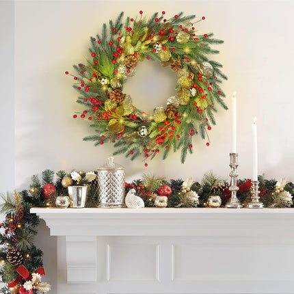DR.DUDU Christmas Wreath with Lights, 22" Battery Operated Lighted Wreath with Timer for Front Door, Pre-lit Artificial Xmas Wreaths with Red Berries, Gold Leaf, Christmas Decorations for Home Window