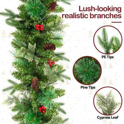 9FT Pre-Lit Artificial Christmas Garland with 50 LED Lights and Realistic Nordic Spruce and Scotch Pine Berries Pine Cones Xmas Garland for Mantle Stair Railing Indoor Outdoor